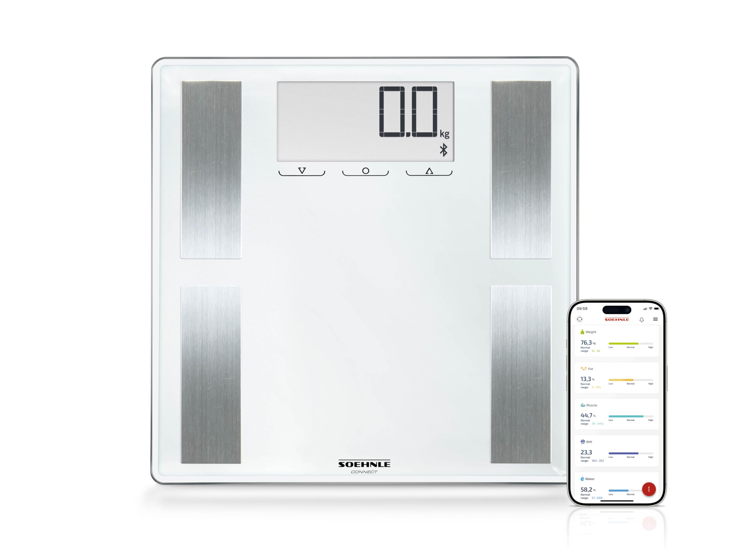 Soehnle Shape Sense Connect 100 with Bluetooth® Digital BMI Scales, Premium Body Fat scales for Body Weight and daily calorie requirements, Auto 8 Users, Grey, weight to 180 kg, Scales for Body Weight
