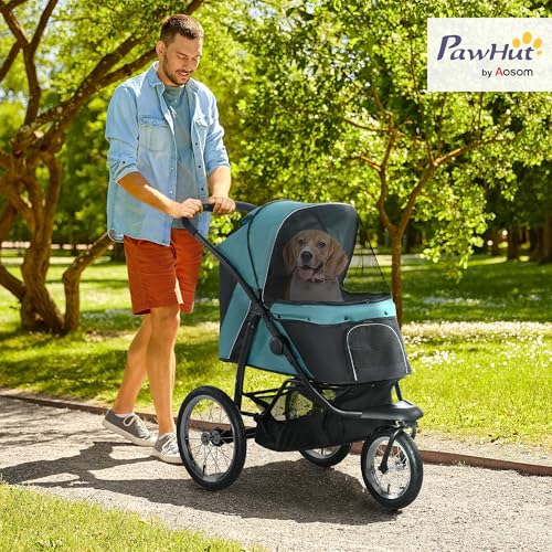 PawHut Hundewagen Hundebuggy klappbar für Hunde & Katzen bis 20 kg Katzenbuggy mit geländegängige Gummiräder Kissen Netzfenstern Türen Katzenwagen mit Aufbewahrungskorb Buggy Dunkelgrün