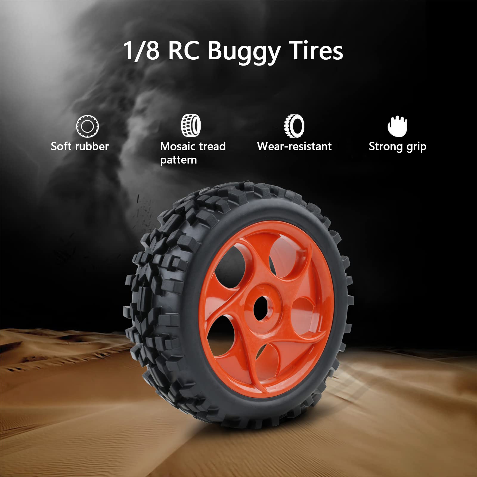 Rchobbytop 1:8 RC Buggy Tires & Wheels Set – 17mm Hex, 5-Spoke Rims With Adapters, For Off-Road, Sand, Snow, All Terrain, Red