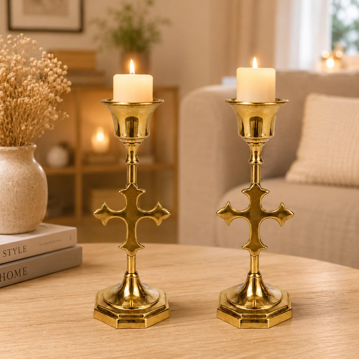 Solid Brass Cross Candle Holder Set of 2 with Polished Gold Finish | Christian Church Altar, Tabletop Candlestick, Home & Chapel Decor, Prayer Room Use, Religious Decor-image-14