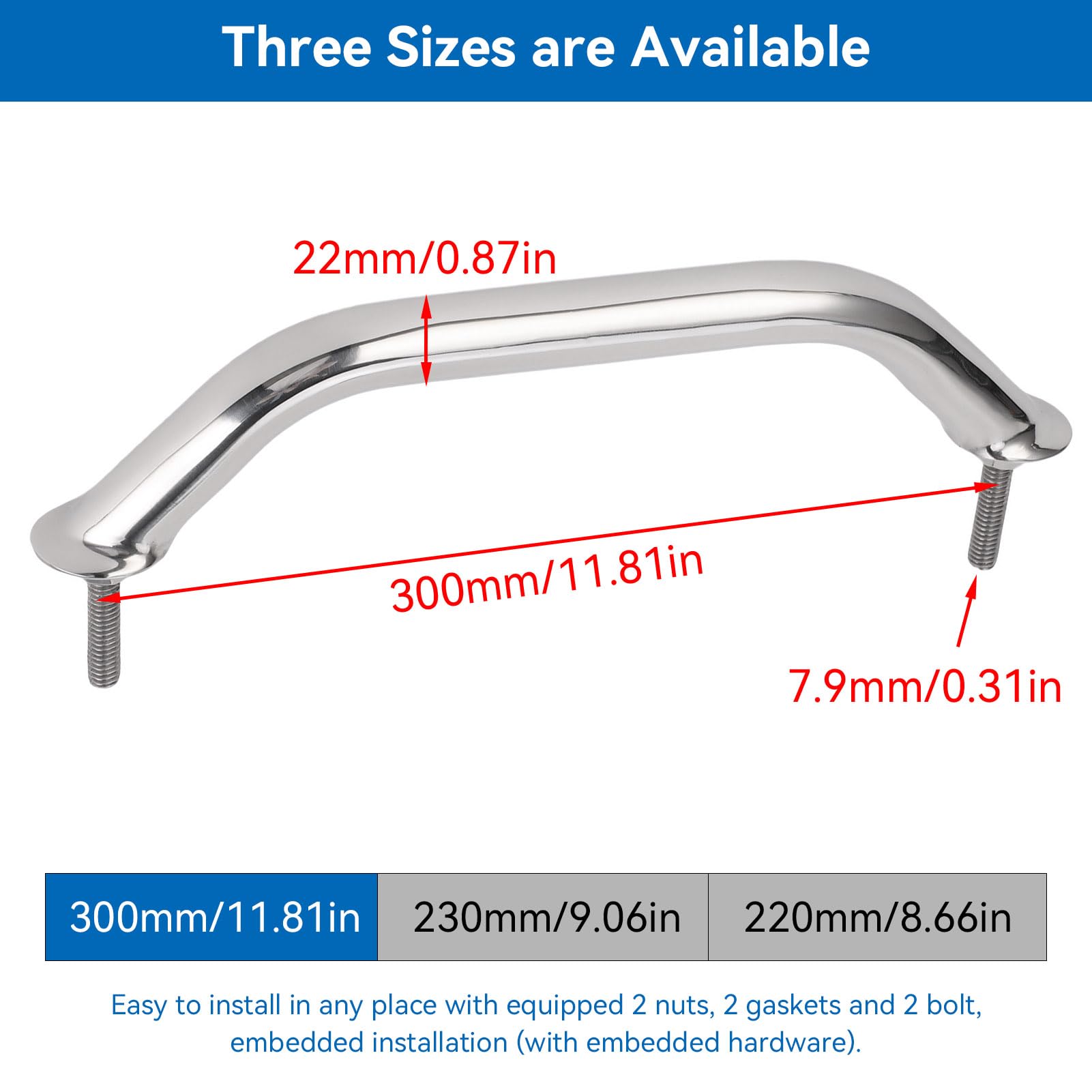 Corrimano per Barche per Ponte di Portello, Maniglia per Guida Ovale Maniglia Marine Grab Maniglione in Acciaio Inossidabile per Porta Attrezzatura per Barca Marine Yacht RV(300mm)