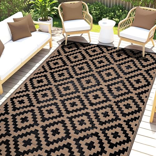 Utopia Home Waterproof Outdoor Rug for Patio 6 x 9 ft, Reversible Plastic Straw Mat for Camping, Picnics, Balcony, Patio, Diamond - Black & Brown