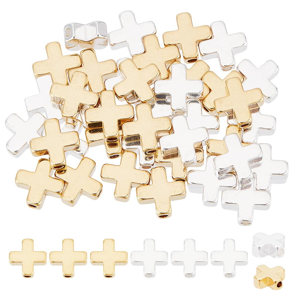 HOBBIESAY 40Pcs 2 Colors Cross Spacer Beads 8mm Gold Silver Crucifix Cross Bead Tibetan Style Connector Cross Beads for DIY Bracelets Earring Necklace Jewelry Making,Hole:1.5mm