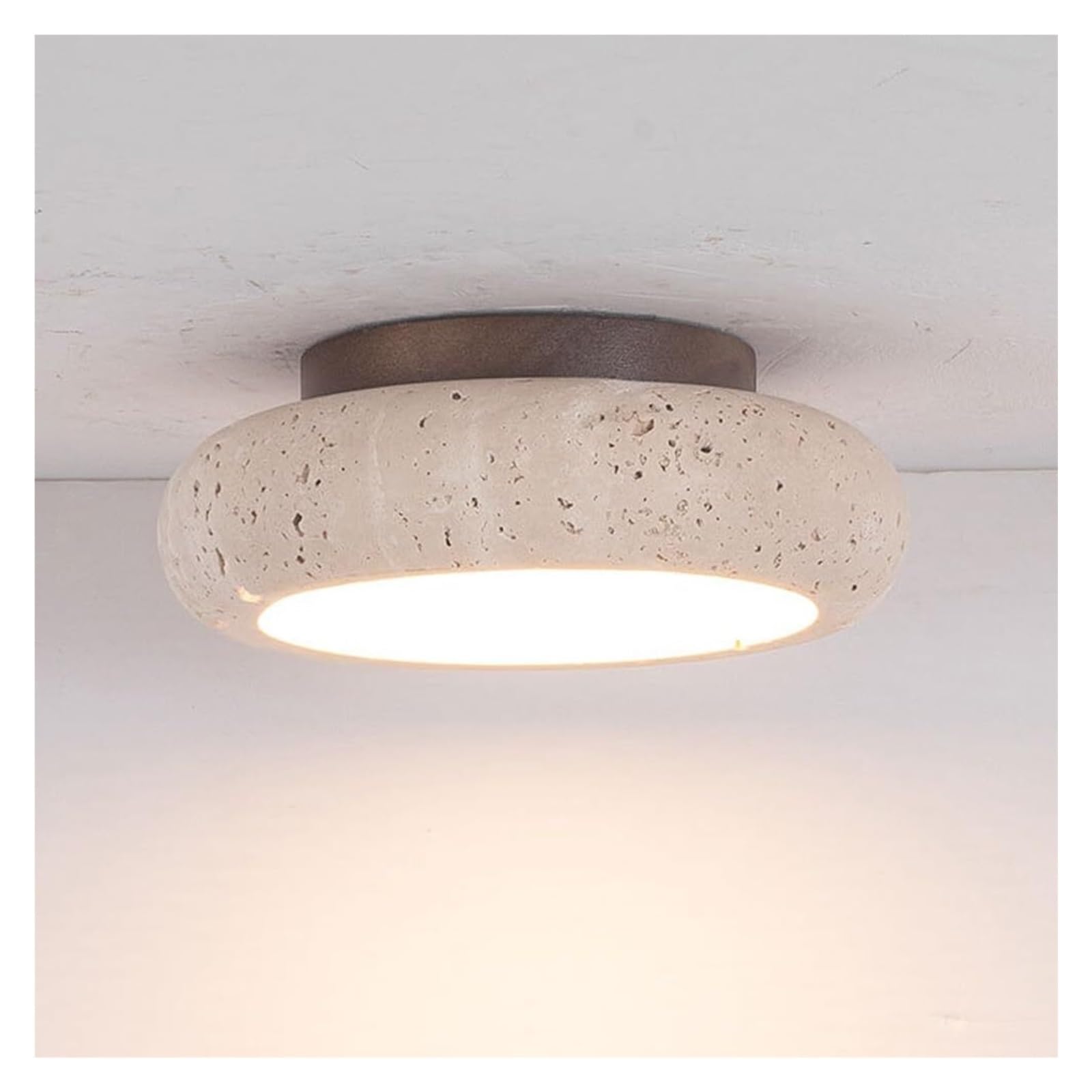 LUOYAOB 7.87″ Mid Century Modern Yellow Travertine Flush Mount Ceiling Light Vintage Solid Wood Ceiling Light Fixture Japanese Style Round Ceiling Lights for Bedroom