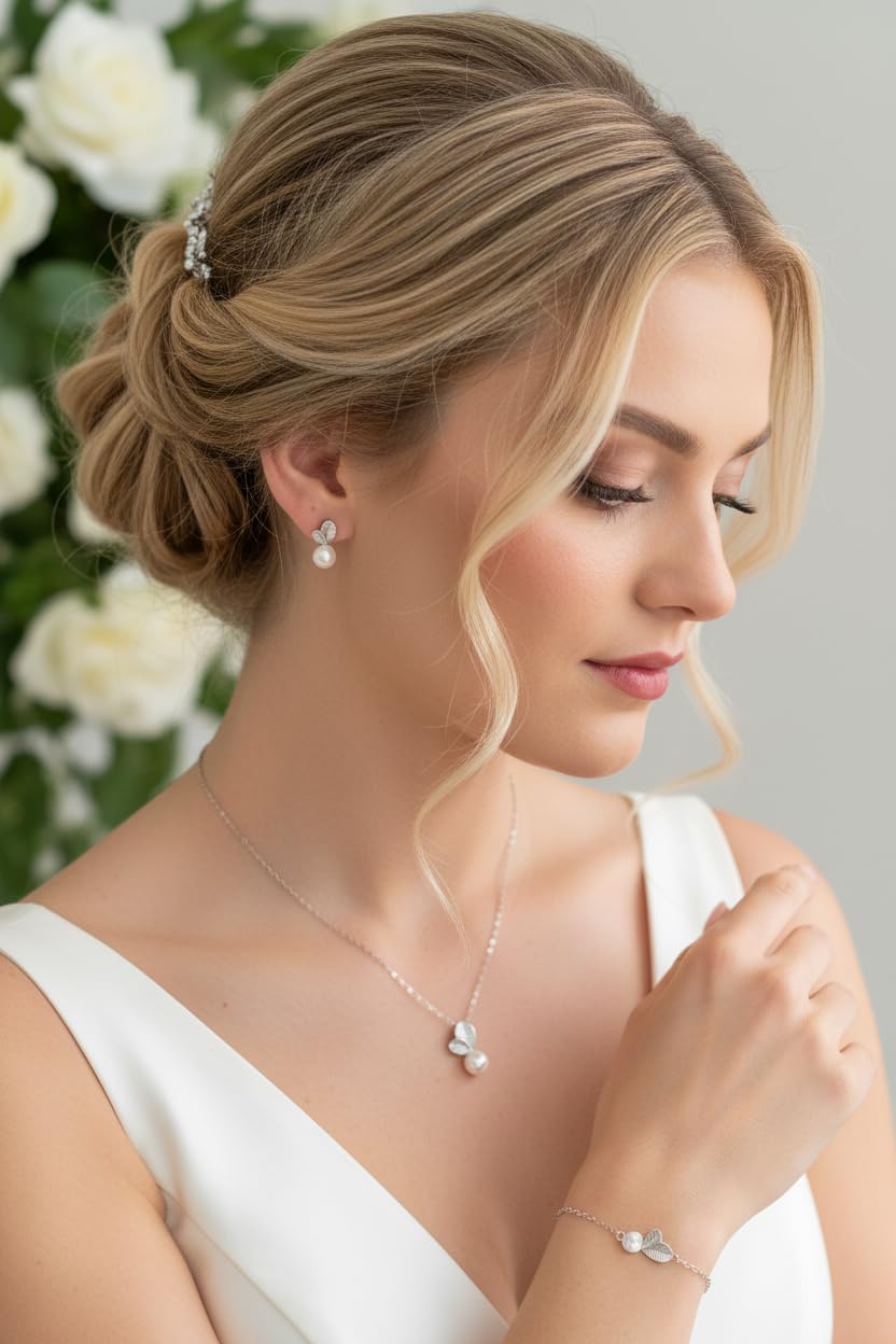 925 Silber Schmuckset Damen Perlen Blätter Halskette Ohrringe Armband Zirkonia Strass Brautschmuck Hochzeit Kommunion