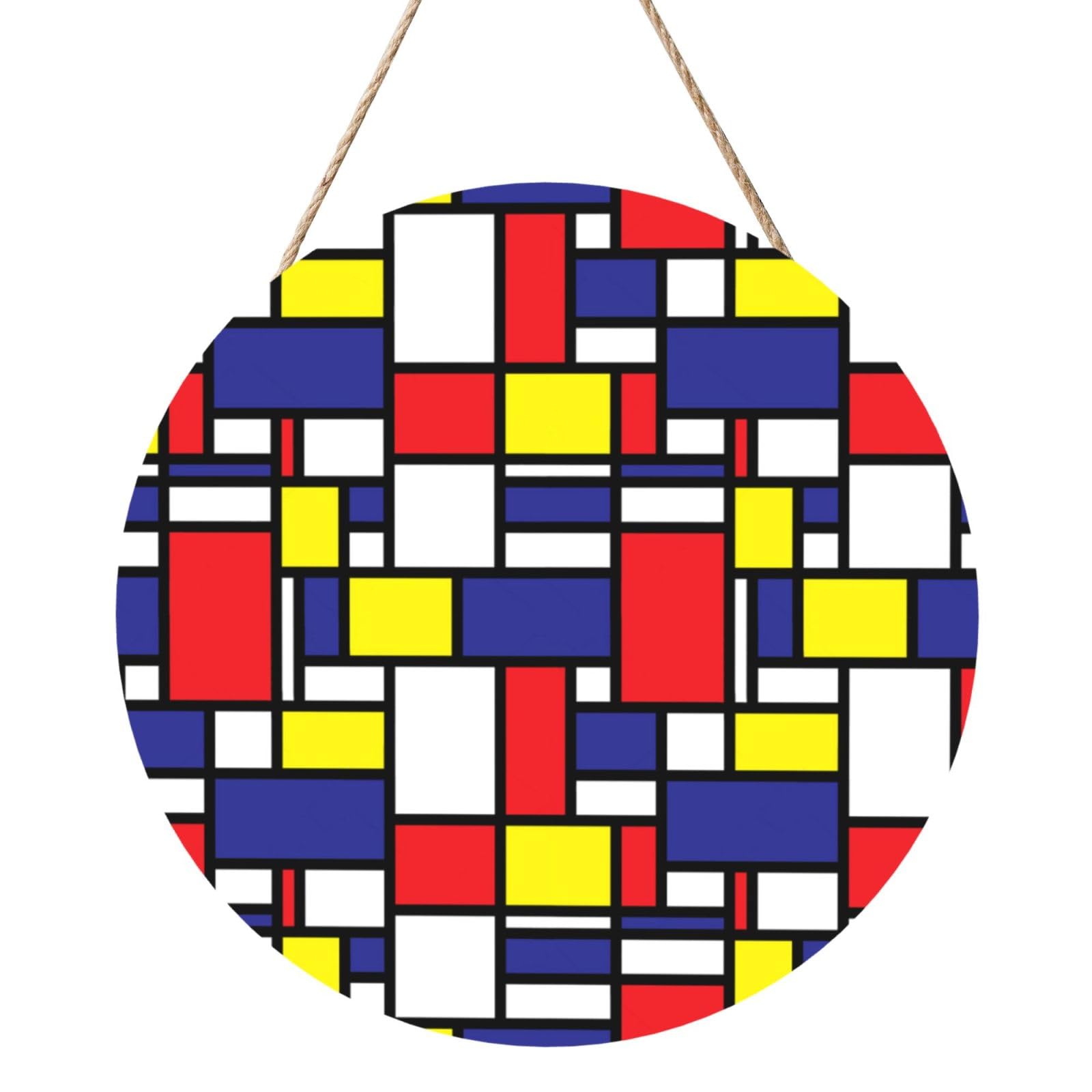 InOmak Mondrian Pattern Printing, Round Wood Panel Painting 12 in, Wall Hanging Painting For Home