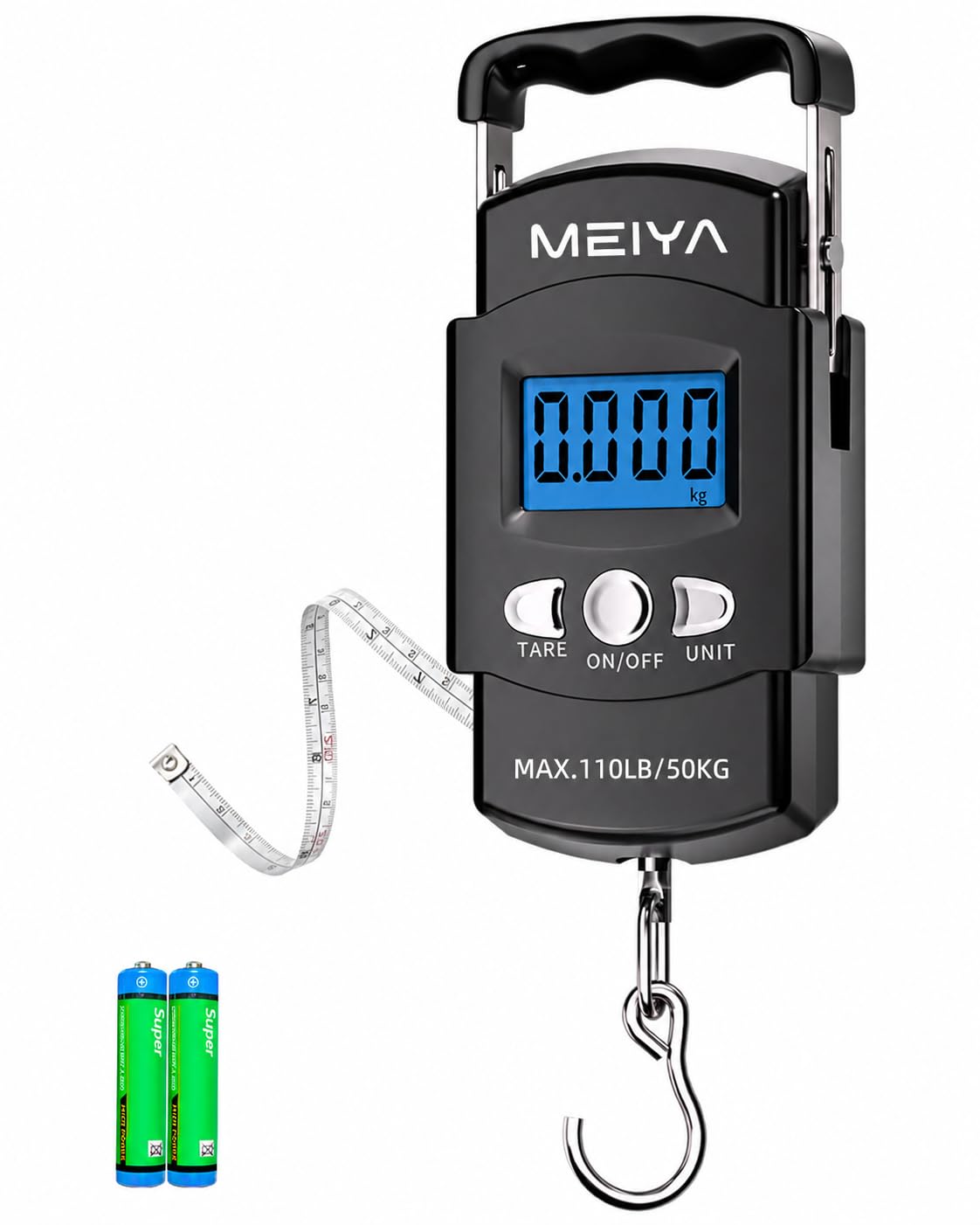 MEIYA Báscula de pesca digital de 110 libras/50 kg con pantalla LCD retroiluminada, mango portátil, gancho de acero inoxidable, cinta métrica integrada y 2 pilas AAA, equipo de pesca fiable y grandes