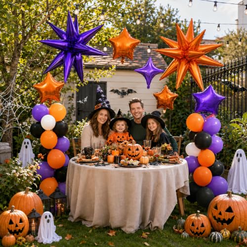 Image of Star Balloons Halloween Balloon Purple Orange Explosion Stars Balloon | 22 /18 /10 In Metallic Orange Purple Spike Stars Foil Balloon for Halloween Ghost Themed Birthday Gradution Party Decorations