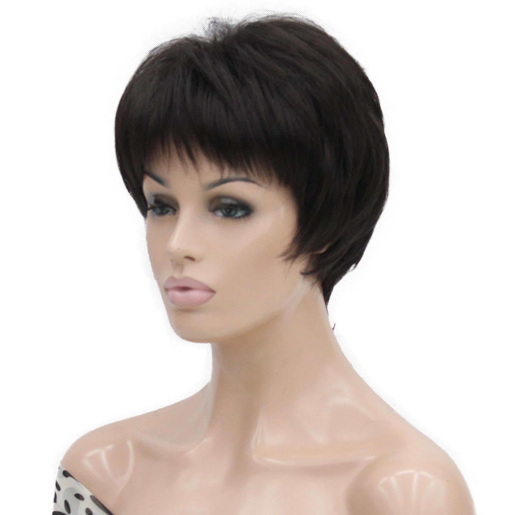 Lydell 6-8" Straight Short Bob Wig Layered Shaggy Flat Bangs Heat Resistant Synthetic Wigs 4 Dark Brown - Image 2