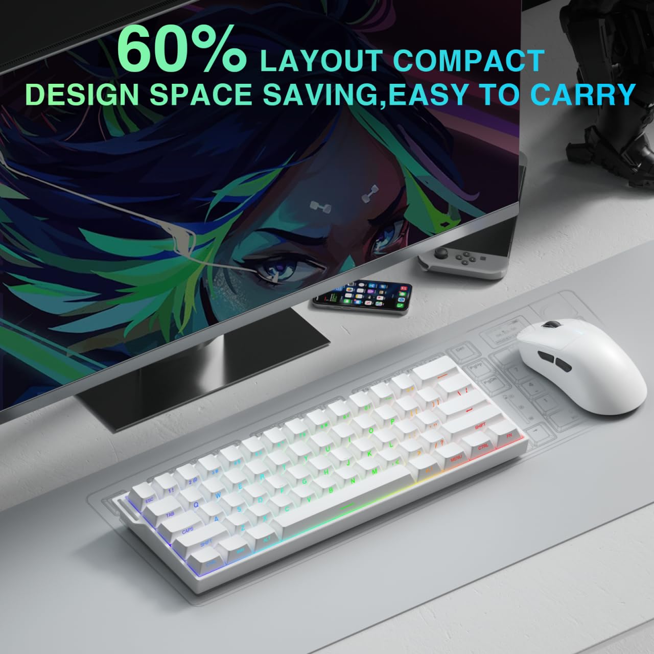 AULA MINI60 Wireless Gaming Keyboard,BT5.0/2.4GHz/Wired,Hall Effect Magnetic Switches,0.01mm RT Accuracy,Adjustable Actuation,8KHz Polling,RGB,WEB Driver,60% Percent Mechanical Keyboard (White) — view 9