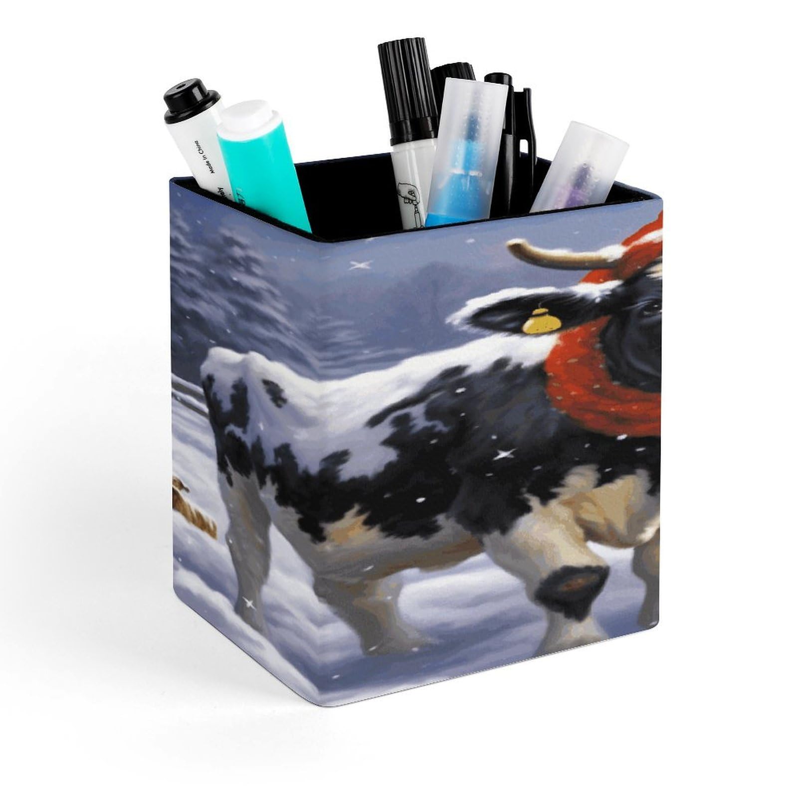 LZQPOEAS Christmas Snow Cow Square Pen Pencil Holder PU Leather Pencil Cup Desktop Stationery Organizer Office Accessories Container