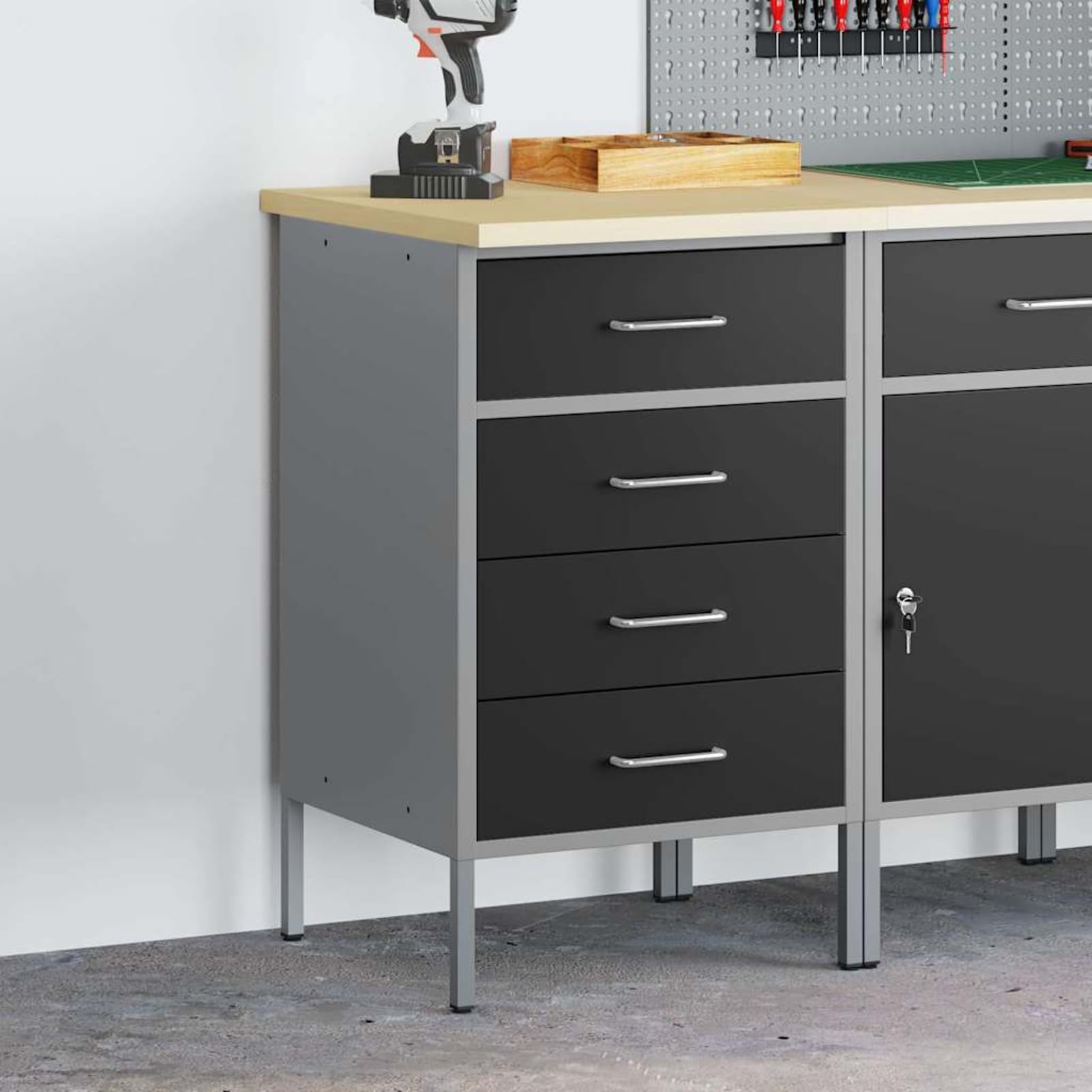 Homgoday Banco da Lavoro Industriale in Acciaio e Legno 50x55x85 cm Nero/Grigio con 4 cassetti carico Max 150 kg Resistente e Durevole.
