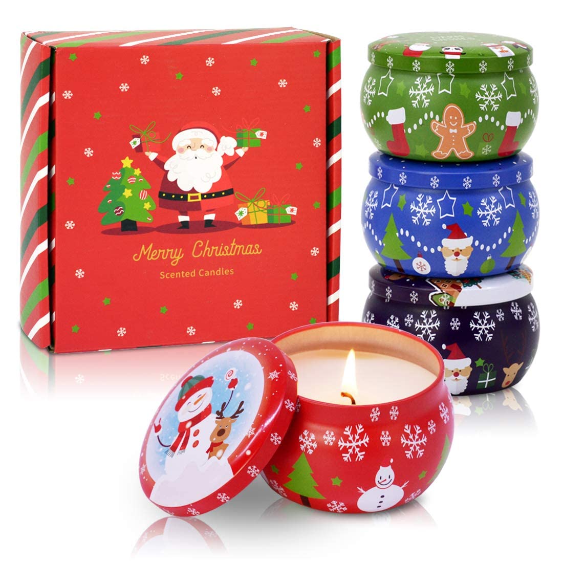 4 Tin Merry Christmas Scented Candles Gift Box – Lavender, Vanilla, Wolfberry and Rose Fragrances