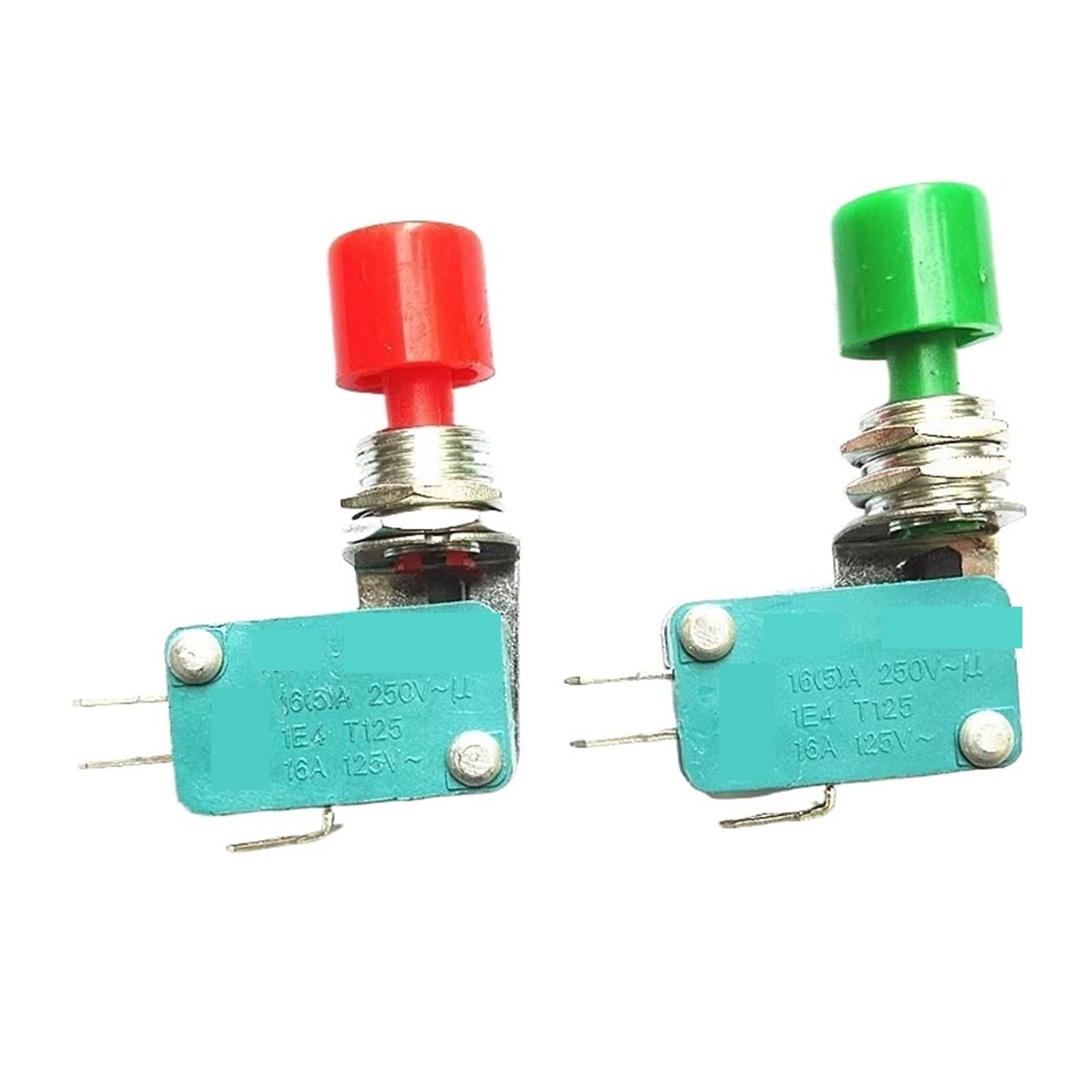 2 x mikroprzełączniki impulsowe AC 125 V/250 V 16 A, SPDT, NO, NC, z czerwoną / zieloną pokrywą, DS438 DS448 (DS438-6,3 mm Red)