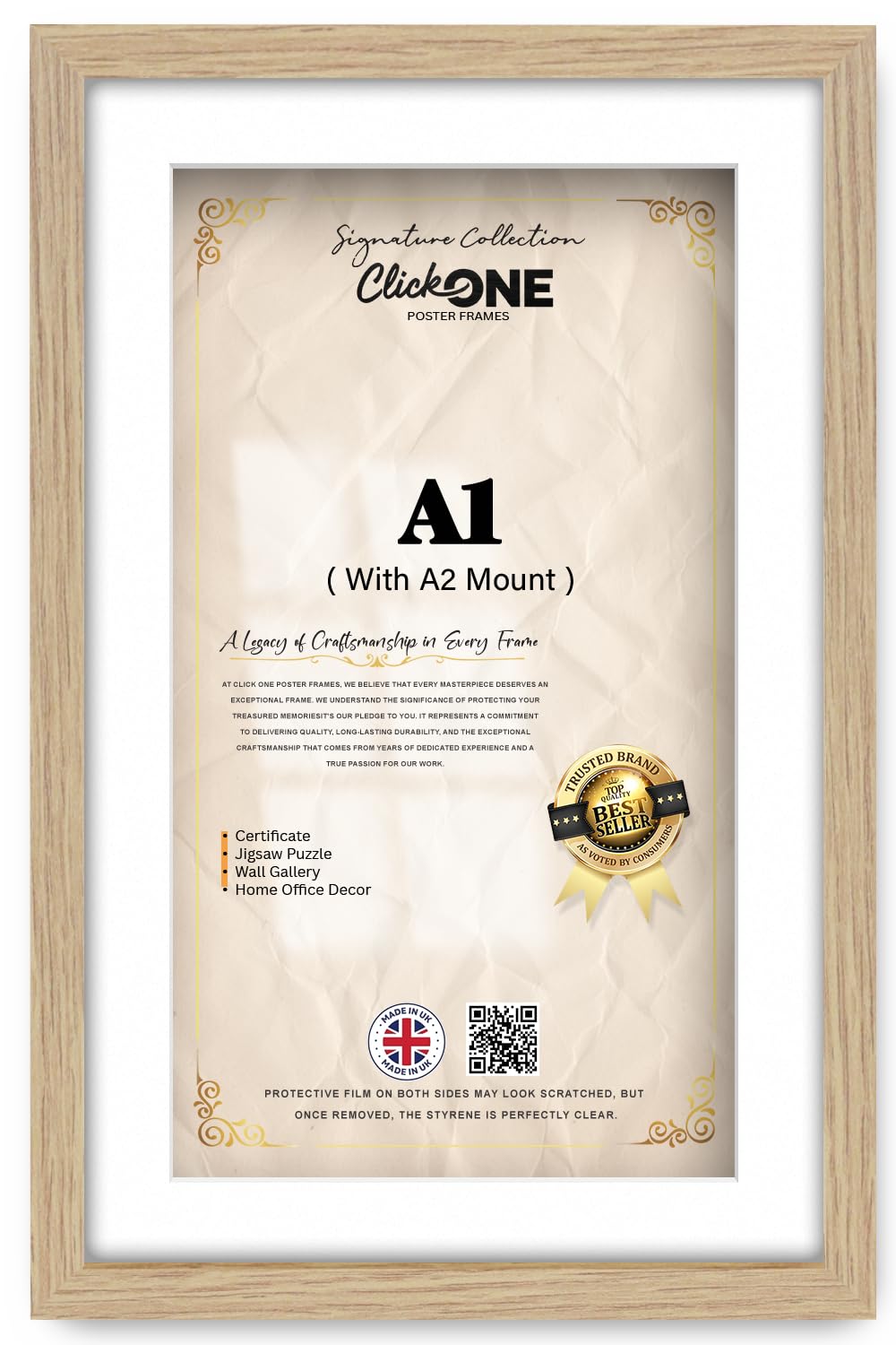 Click One A1 59.40 X 84.10 Cm Picture Frame With A2 41.90 X 59.40 Cm White Mount Flat Style MDF Photo Frame With Clear Perspex For Poster Photo Print Living Room Home Decor 33 X 23 Inch Oak