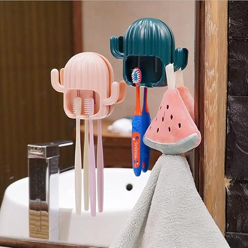 Miniatura 3 de 4 soportes para cepillos de dientes para niños, soporte para cepillo de dientes de cactus montado en la pared, organizador de drenaje de dibujos