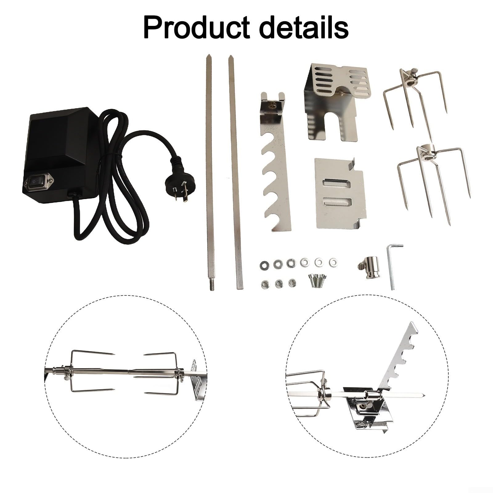 Kit girarrosto elettrico per barbecue in acciaio inossidabile 304, 73 cm, 4-5 giri/min, motorizzato spiedo con forchette per pollo, tacchino, grigliate all'aperto, feste, argento (AU)