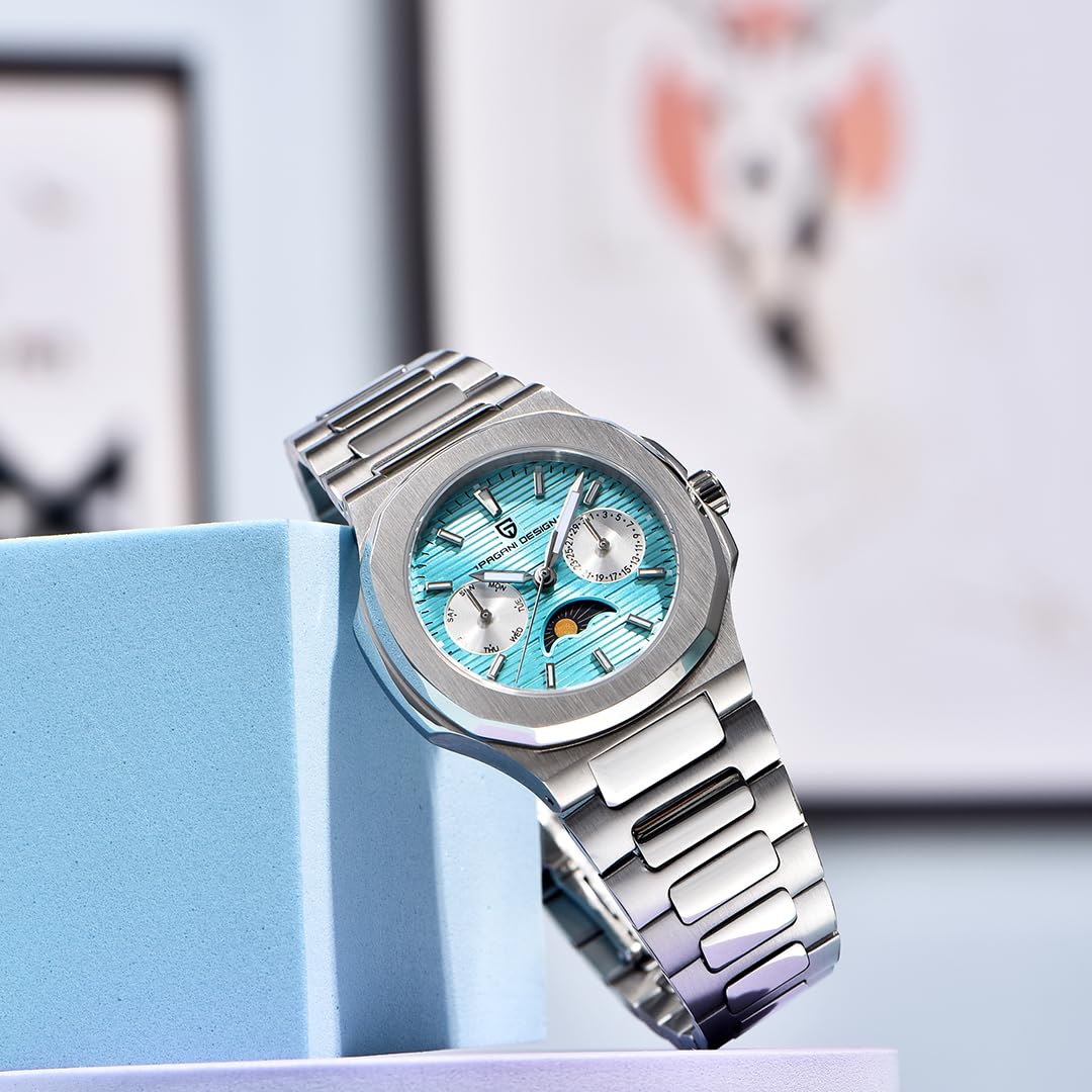 Quarz Damenuhren Luxus Edelstahl Wasserdicht Armbanduhr für Frauen Damen Armbanduhr Synthetischer Saphir Auto Datum Mondphase Wochenanzeige