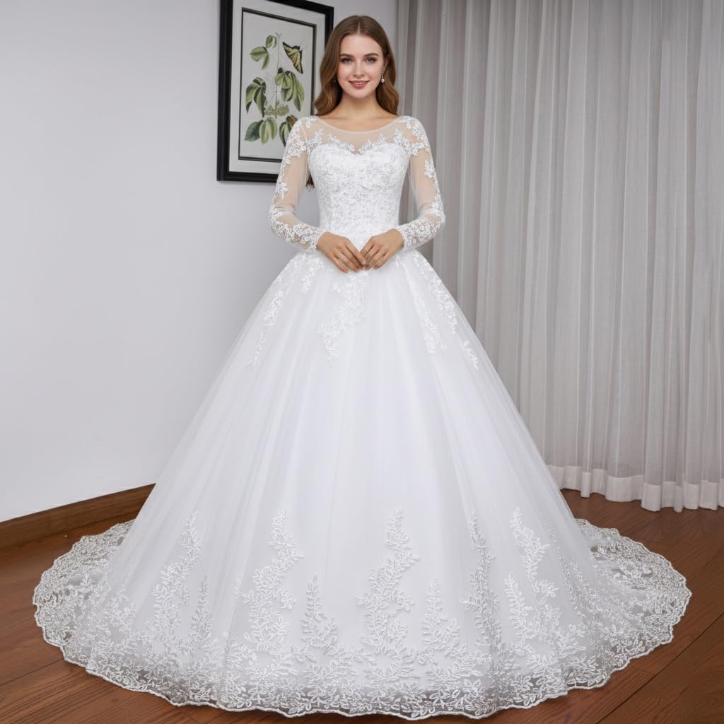 Abito da Sposa principesco Pizzo Scollo Rotondo Manica Lunga Grand Vestito da Sposa Lungo Treno BA-N-OL