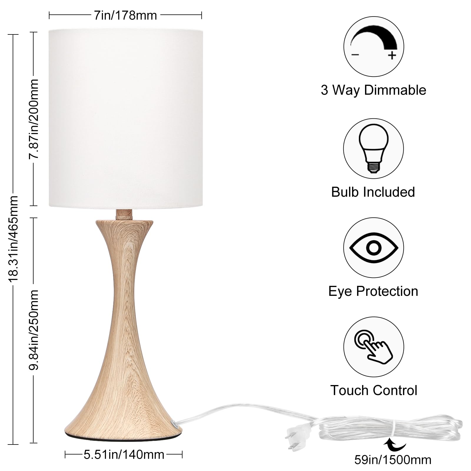 Bedside Touch Lamp, 3 Way Dimmable Touch Control Table Lamp, Wood Grain Farmhouse Table Lamp, Modern Nightstand Lamp with White Shade for Bedroom, Dorm, Office, 3000K LED Bulb Included