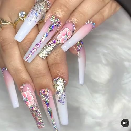 Miniatura 4 de Set 24Pc 3D Acrylic Pink Flower Nail Charms Handmade by Acrylic Powder,24pcs Flowers Nail Rhinestones Kit 3D Crystal Nail Pearls Flat Design Acrylic