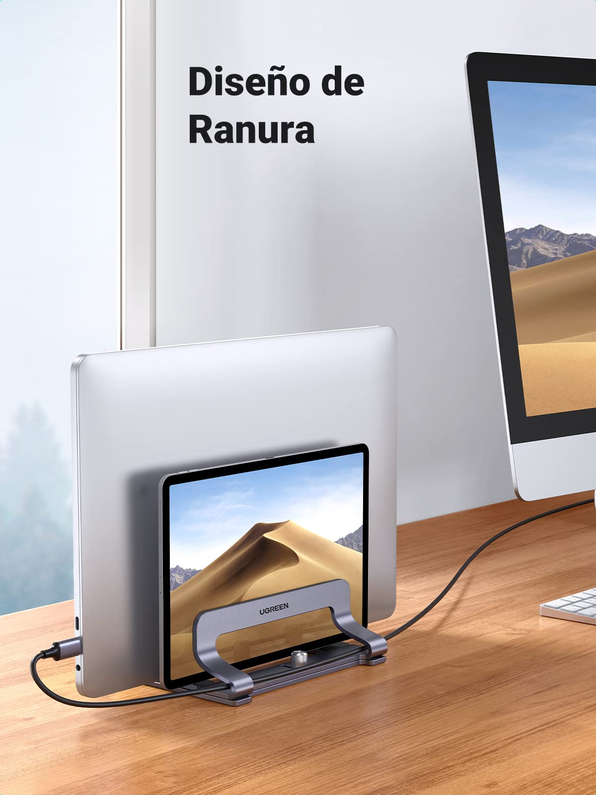 UGREEN Soporte Vertical para Portátil Ajustable con 2 Ranuras, Elevador Laptop Stand de Mesa Compatible con MacBook Pro/Air, Matebook, HP, iPad, Tableta y Otro Gris