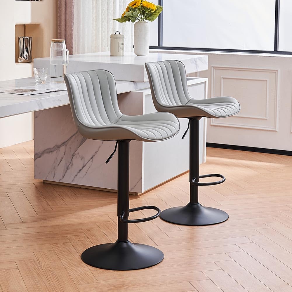 Kidol & Shellder カウンターチェア 2脚セット グレー 椅子 回転 昇降式 バーチェアー 高い背もたれ ソフトクッション PUレザー ビンテージ キッチンカウンター ダイニング 5~8分で迅速に組み立てる