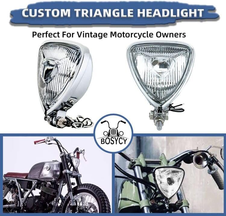 Miniatura 3 de Faro delantero vintage para motocicleta actualizado, lámpara de luz frontal personalizada de cromo con montaje inferior en forma de triángulo -
