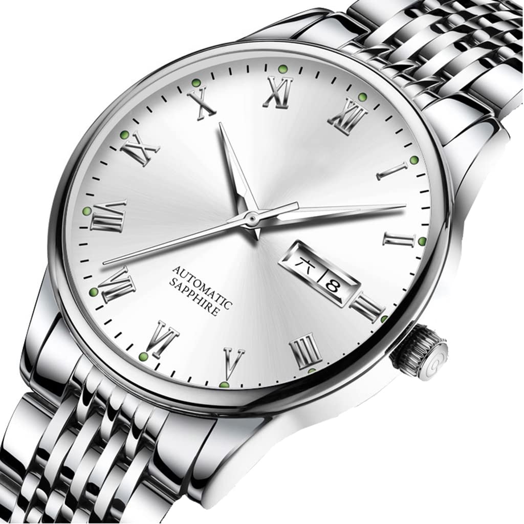 Męski nowoczesny mechaniczny zegarek z paskiem ze stali nierdzewnej automatyczny świecący wielofunkcyjny wodoodporny zegarek na rękę Chronograf zegarek (kolor: A)
