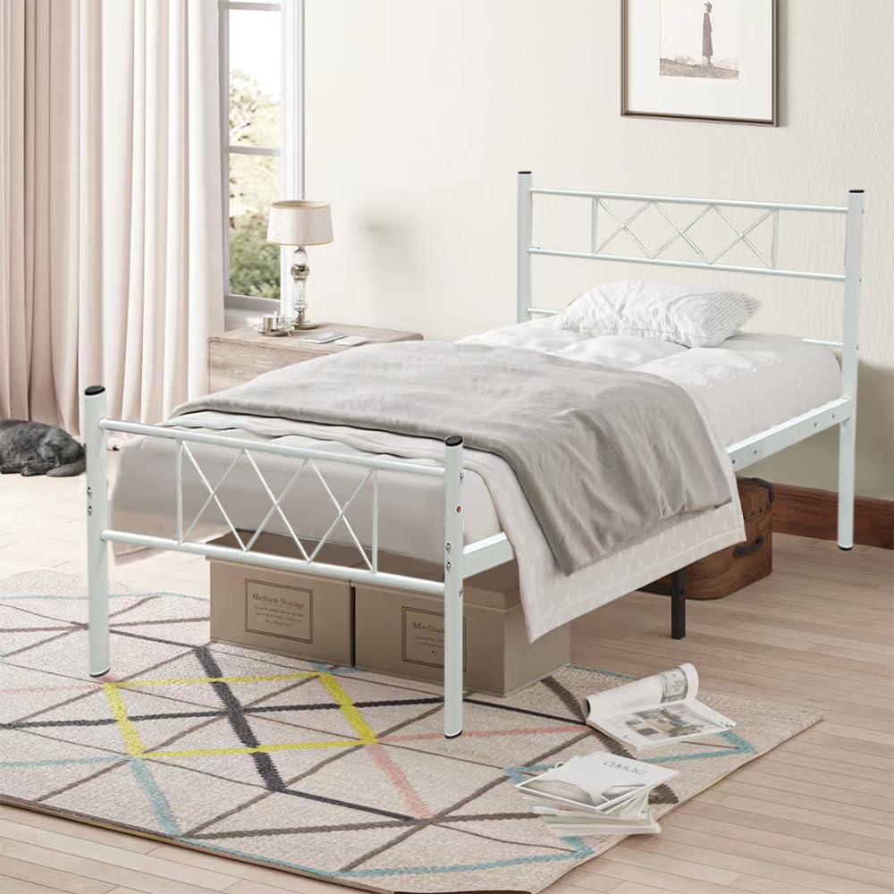 Panana Metal Single Bed Frame Metal Frames 3ft Bed Platform with Headboard and Footboard (White, Model6)