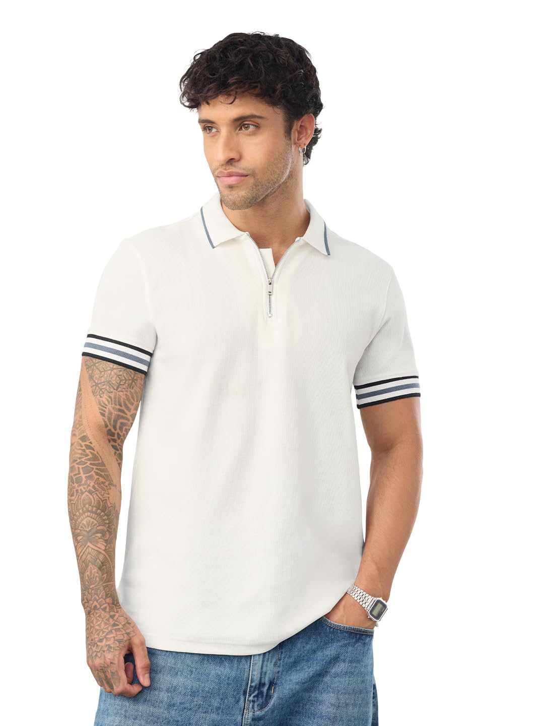 the souled store Waffle Knit Polo: Moonlight Men and Boys Short Sleeve Spread Collar White Solid Textured Cotton Blend Regular Fit Zip Placket Lightweight Everyday Polos-picture-53