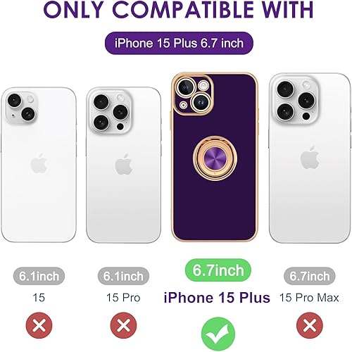 Miniatura 7 de Hython Funda para iPhone 15 Plus con soporte de anillo, soporte de anillo giratorio de 360, soporte magnético, chapado en oro rosa, cubierta suave,