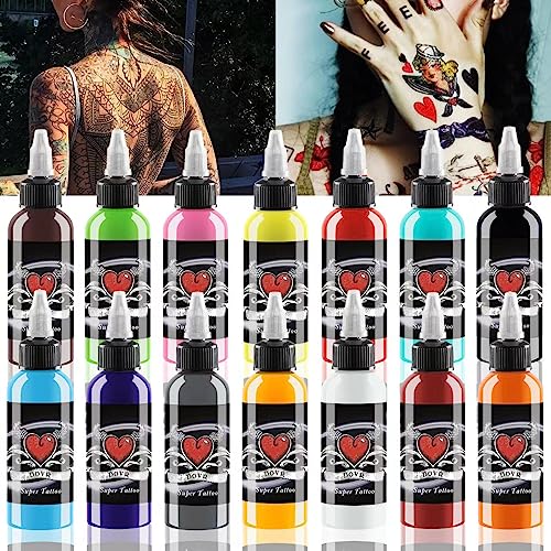 BaodeLi Tattoo Ink Set 14Pcs Tattoo Ink 1oz 30ml/Bottle for 3D Makeup Beauty Skin Body Art Tattoo Inks Pigment Kit for Professionals and Beginners Use (14 Colors Black Red White ect)
