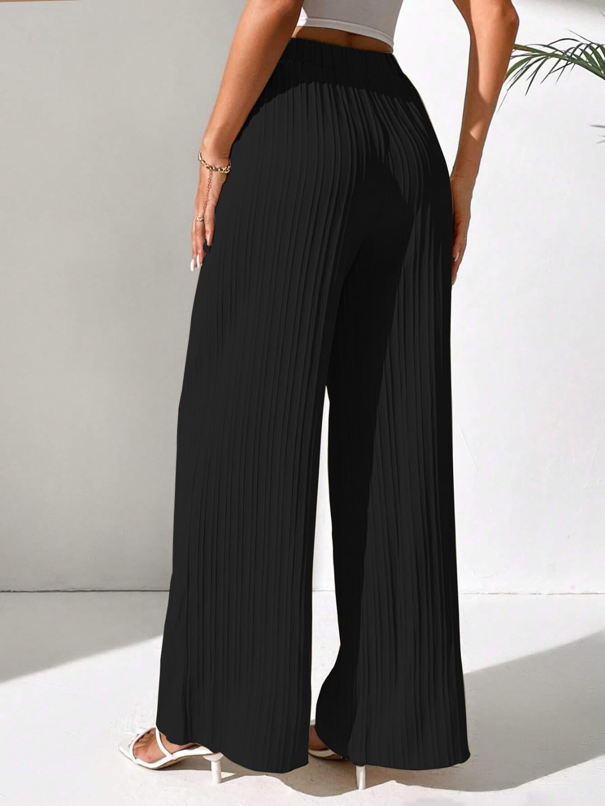 Leriya Fashion Pantaloni a palazzo da donna plissettati a vita alta elasticizzati | Estate Casual Lounge Wear Leggero Fluido Vestibilità dritta Confortevole Viaggio Spiaggia Ufficio Abbigliamento