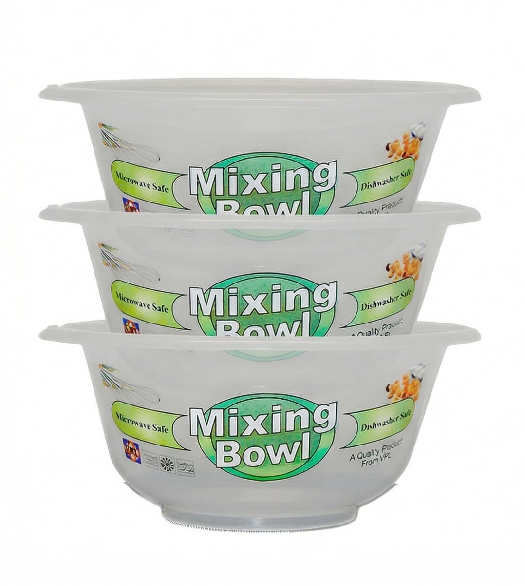 KANSY Round Plastic Mixing Bowls - Set of Small Medium Large, Clear Salad Pasta Vegetable Washer & Food Mixer, Easy to Clean Reusable Tableware Dish for Party Cooking Baking Cereal (3, 20cm)