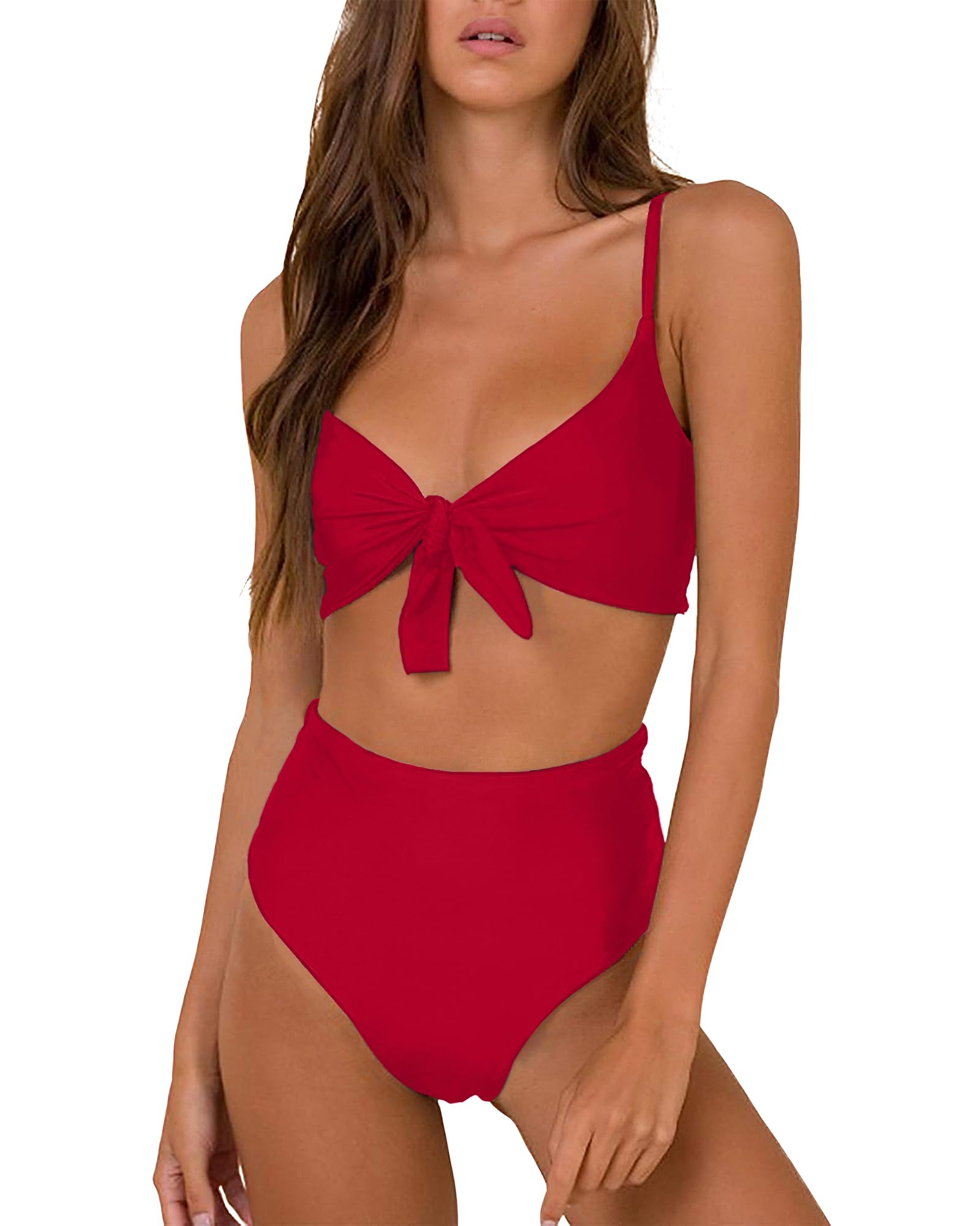 Honlyps High Waisted Bikini Sets for Women Tummy Control 2 Piece Swimsuit Cheeky Coverage Bathing Suit Tie Knot Swim Suit