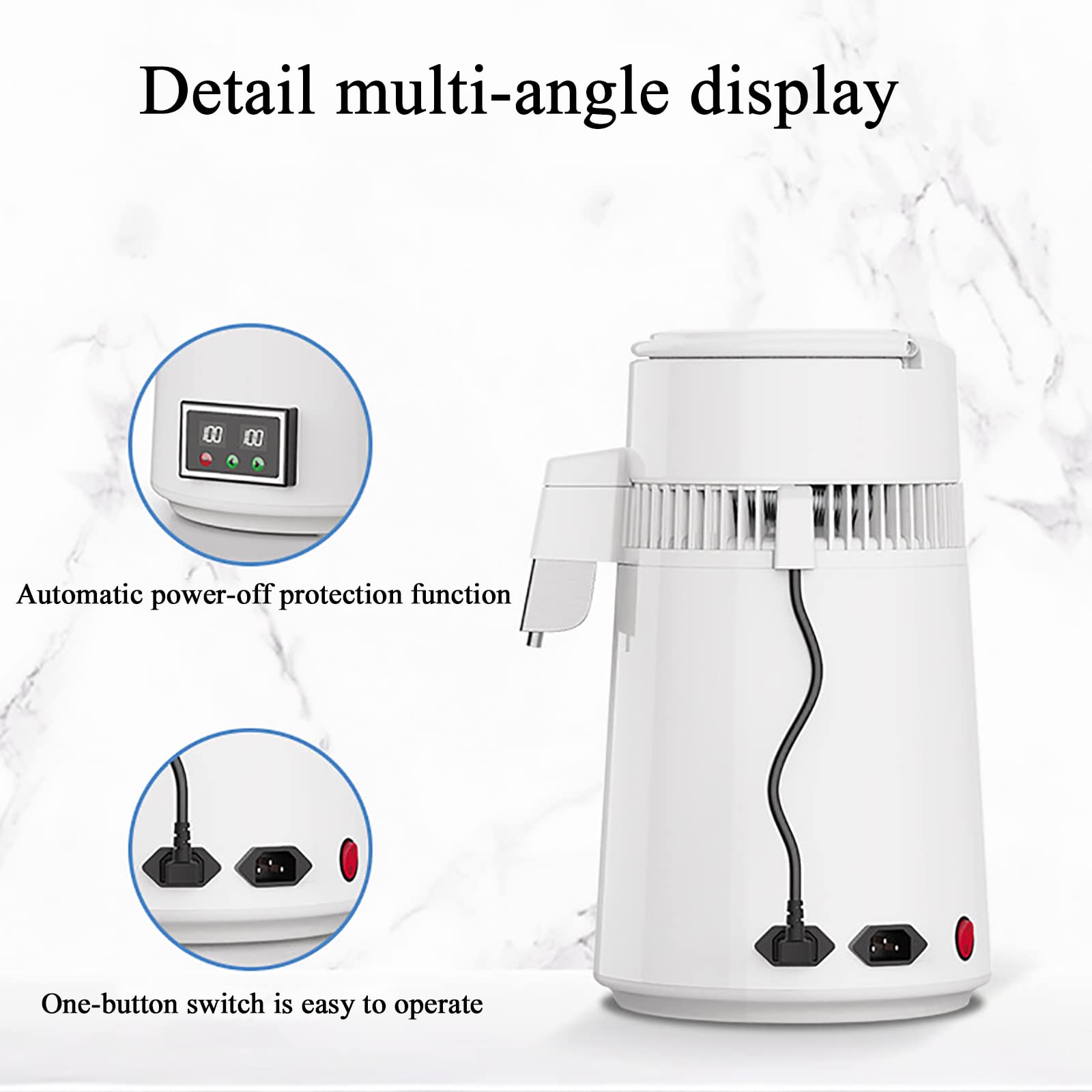 Destilador de Agua, destilador de Agua de Acero Inoxidable con Jarra de Vidrio, destilador de Agua Digital de 4 l, diseño con Dos Botones de Pantalla, 1 l/h de Agua destilada,