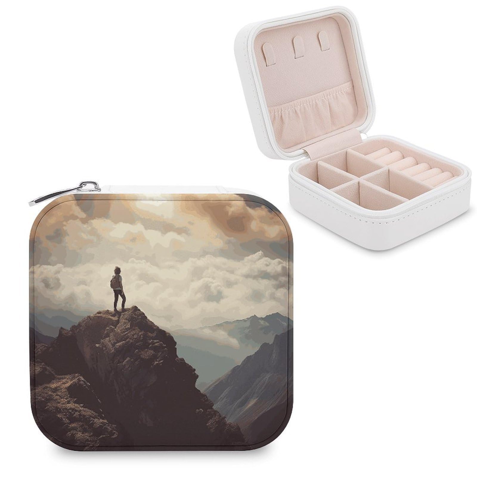 MUSM Woman on A Top Mountain Travel Jewelry Case Personalized PU Leather Jewelry Boxes for Women Small Portable Jewelry Organizer Box Cute Trinket Box for Necklaces Rings Earrings & Gifts