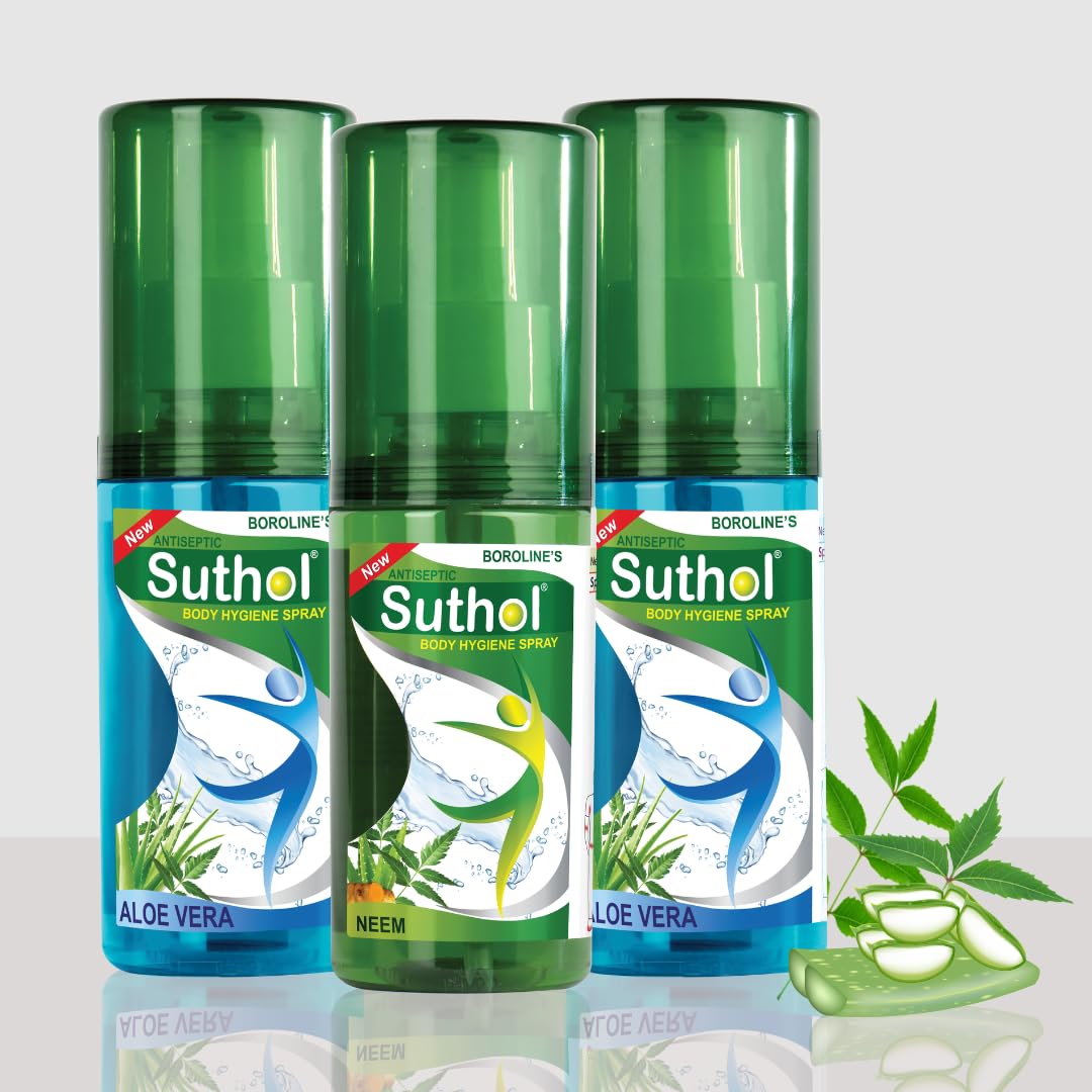 Suthol Boroline's Suthol Active Neem Spray 100 Ml + Aloe Vera Spray 100 Ml X 2 | S Relaxed Fit Tops Skin Irritations, Prickly Heat, Itching, Rashes | With Neem, Turmeric (Pack Of 3)-image-44