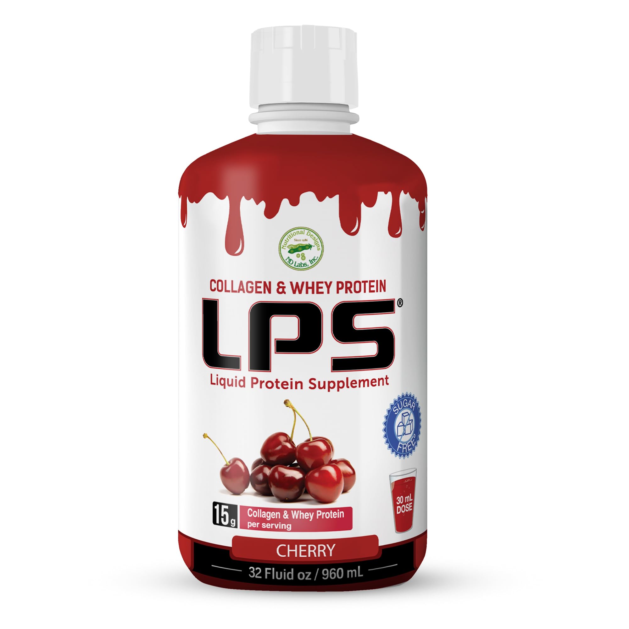 LPS Liquid Collagen & Whey Protein Supplement - Sugar-Free, Dye-Free, Non-GMO Drink - Hydrolyzed Collagen & Whey Peptides Promotes Healthy Skin & Hair for Men & Women, Cherry, 32 fl oz