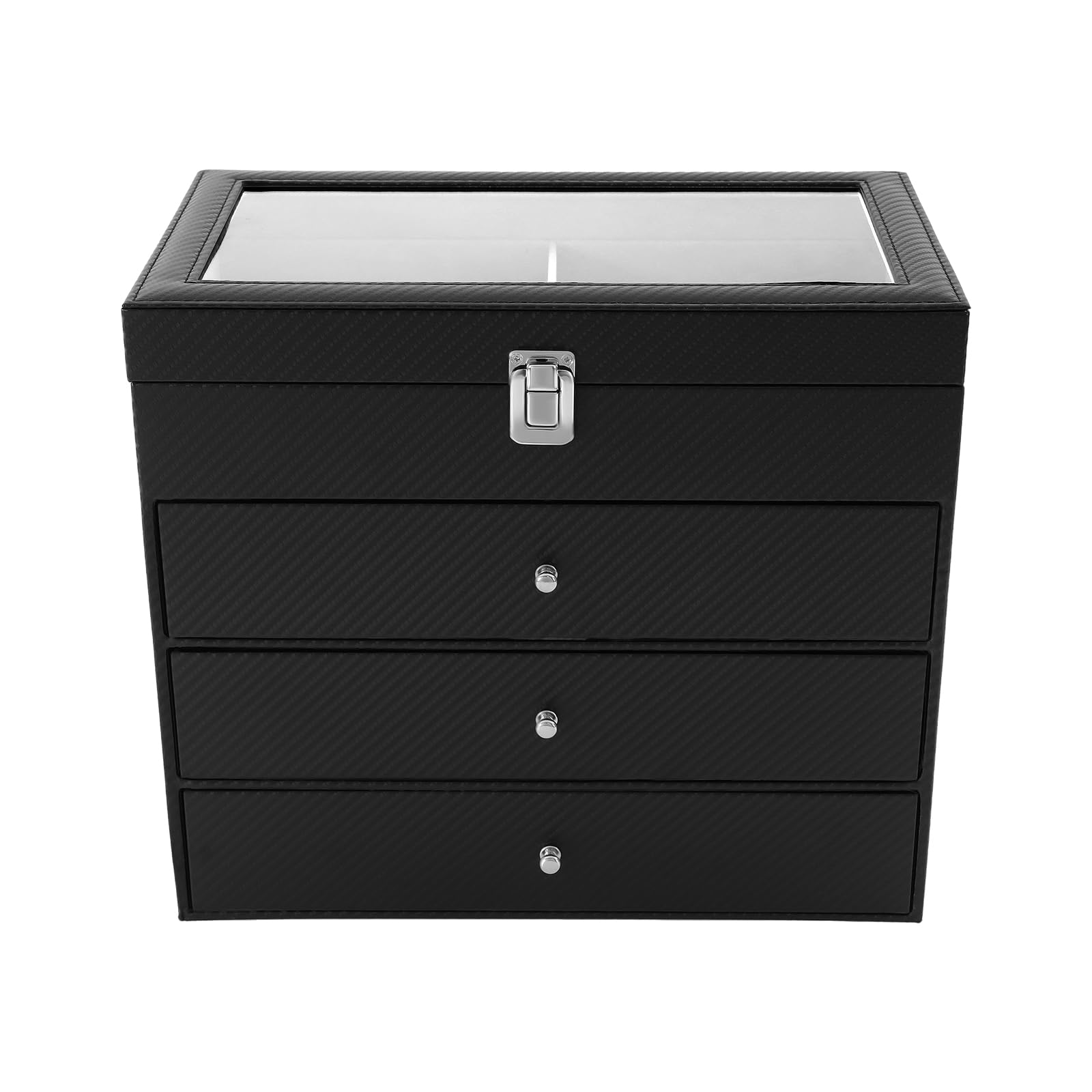 Brillenbox für 24 Brillen, 4 Ebenen mit Glasdeckel und Schubladen