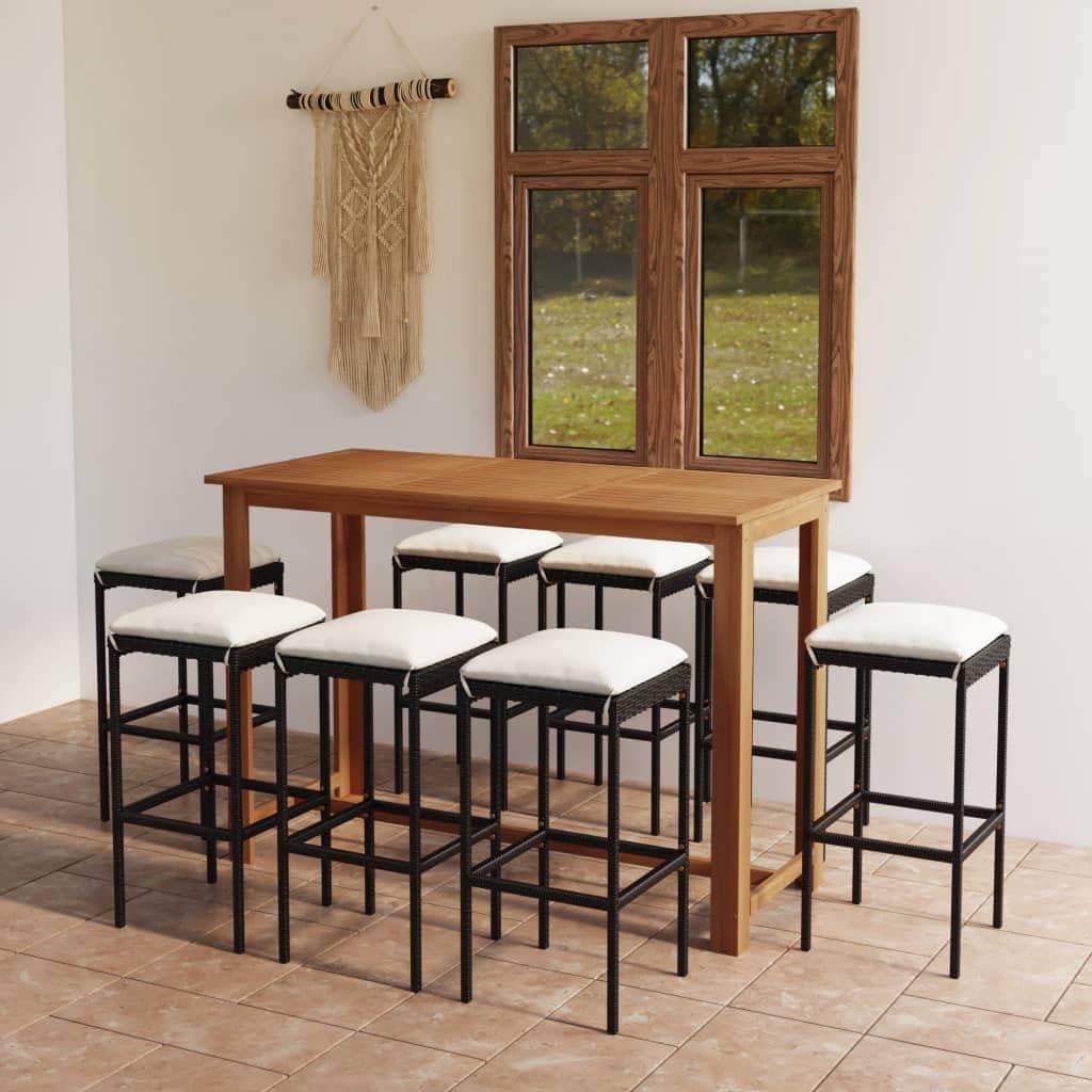 9-Piece Garden Bar Set with Cushions, Black Solid Acacia Wood and Powder-Coated Steel Frame, Weather-Resistant Outdoor Furniture for Patio, Balcony, Terrace, Durable Seating