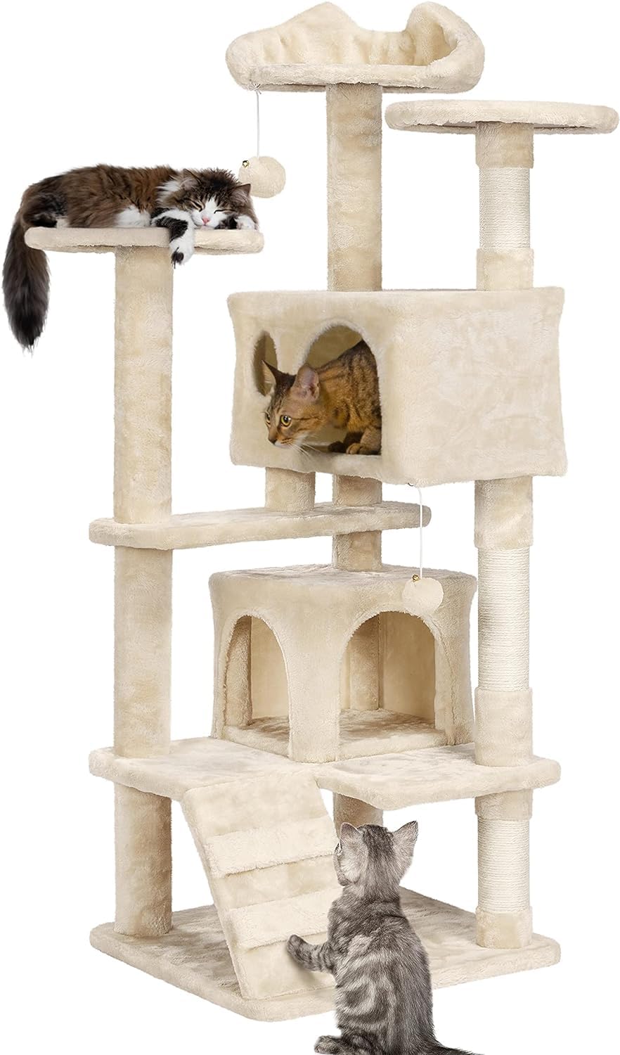 138.5cm Cat Tree Scratching Posts Cat Tower Activity Centre Cat Climbing Tree House with Ladder for Indoor Cats (Beige)