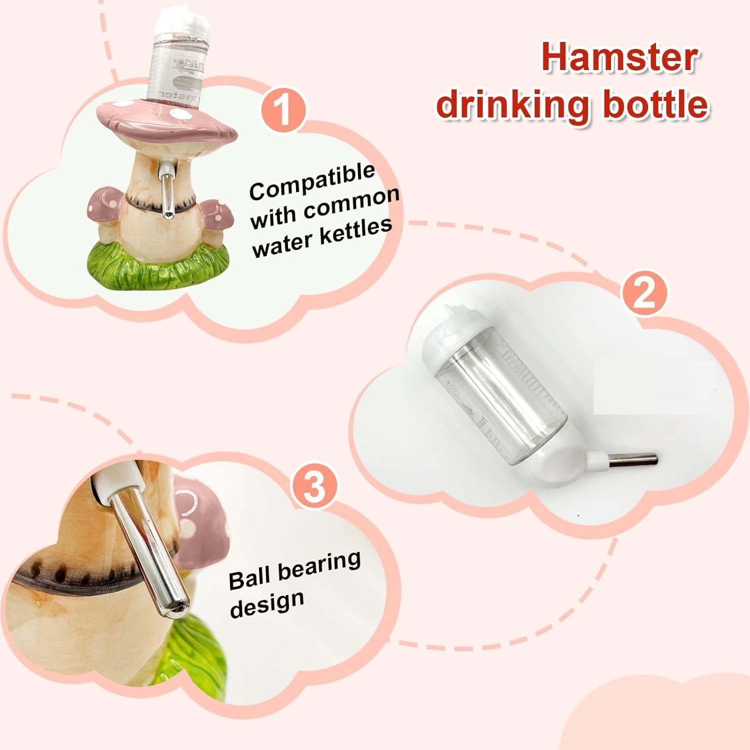 Nascondiglio in ceramica per criceti, bottiglia d'acqua con supporto, ciotola per cibo, accessori per criceti (rosa)