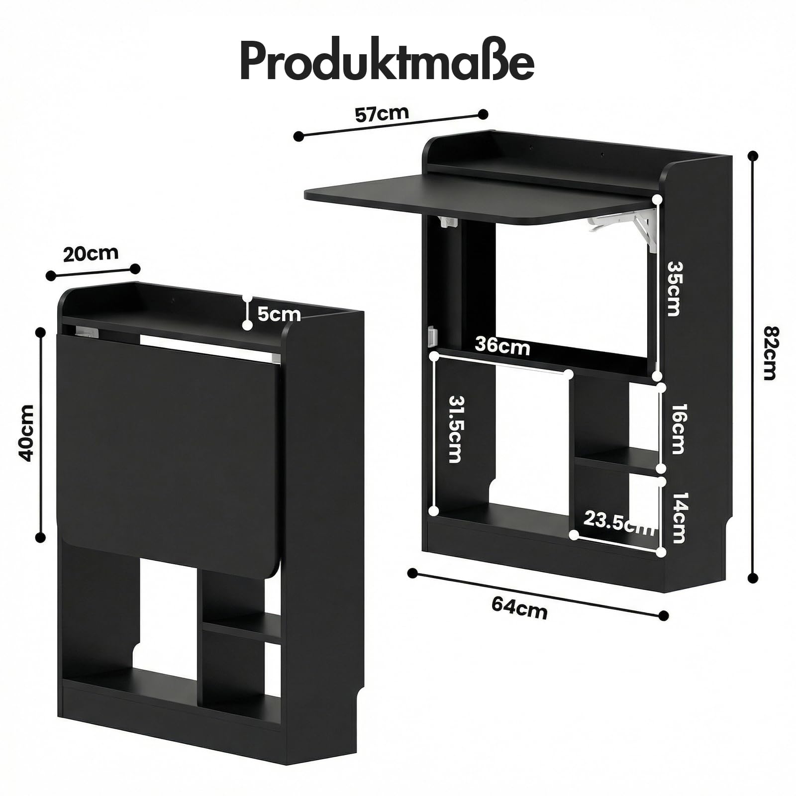 Schreibtisch Klappbar, Wandschreibtisch mit Ablagen & Regalfächern, Schwebender Laptoptisch & Klappbarer Wandtisch, Platzsparender Computertisch für Homeoffice & Büro, 64x20x82cm (Schwarz)