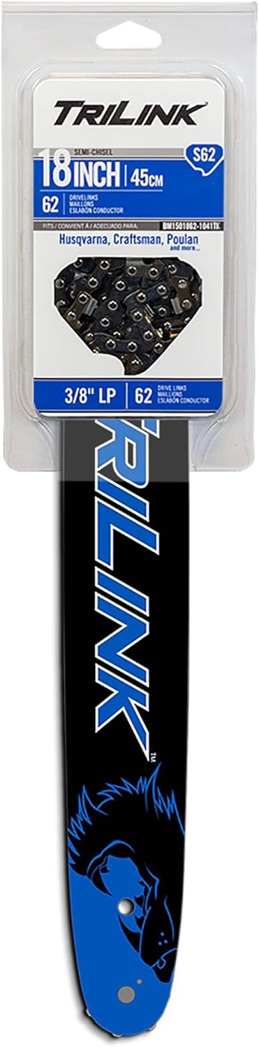 TriLink BM1501862-1041TK 18" Bar and Chain Combo Laminate Bar Type, .050" Chainsaw Gauge, 3/8" LP Chainsaw Pitch, 62 Drive Links, Semi-Chisel Reduced Kickback Type