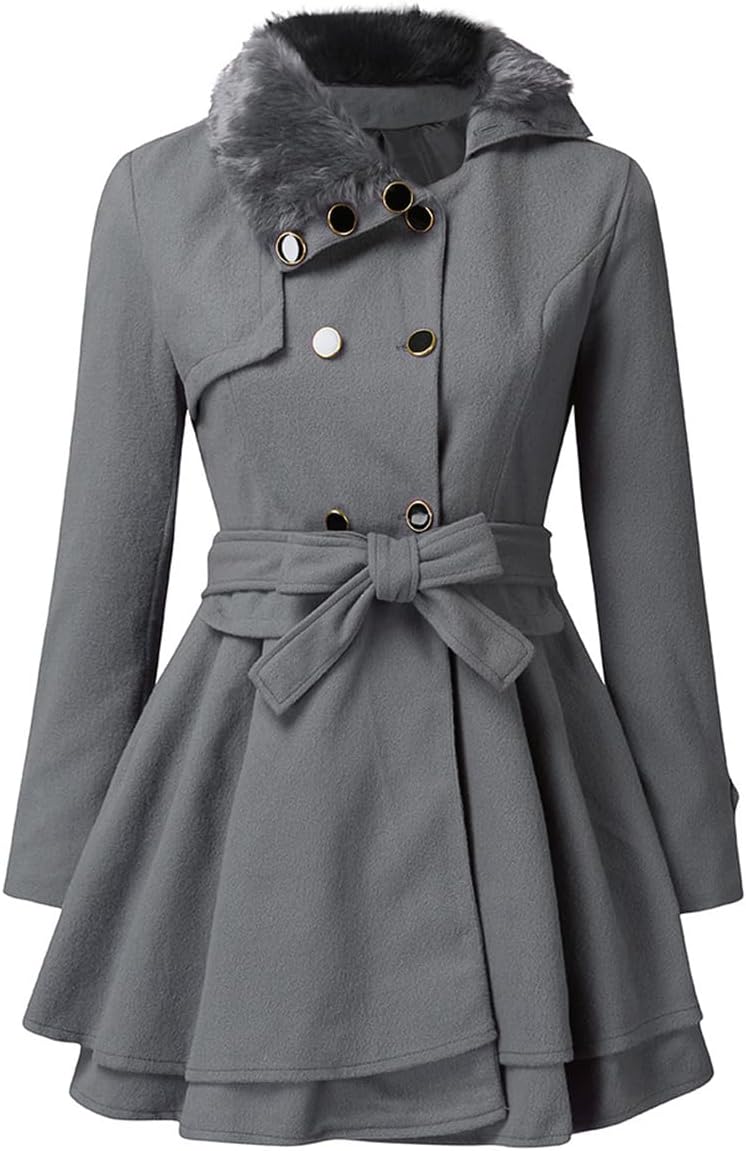 Winter Women's Fashion Trench Coat Lapel Wool Double Breasted Casual Belted Pea Coat with Warm Coat