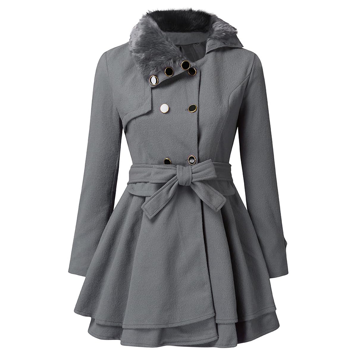 Winter Womens Fashion Trench Coat Lapel Wool Double Breasted Casual Belted Pea Coat with Warm Coat