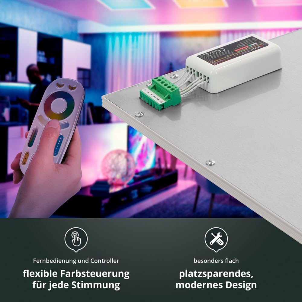 LED Panel 120x30cm 2800-6500K 4560lm RGB+CCT Farbsteuerung & dimmbar über Fernbedienung Einbau-/Einlegeleuchte Deckenleuchte für Rasterdecke oder Trockenbau 1195x295x12mm