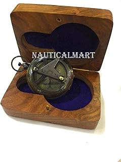 Brass Push Button Direction Sundial Compass with Wooden Box and Chain Nautical Gift - Antique Finish